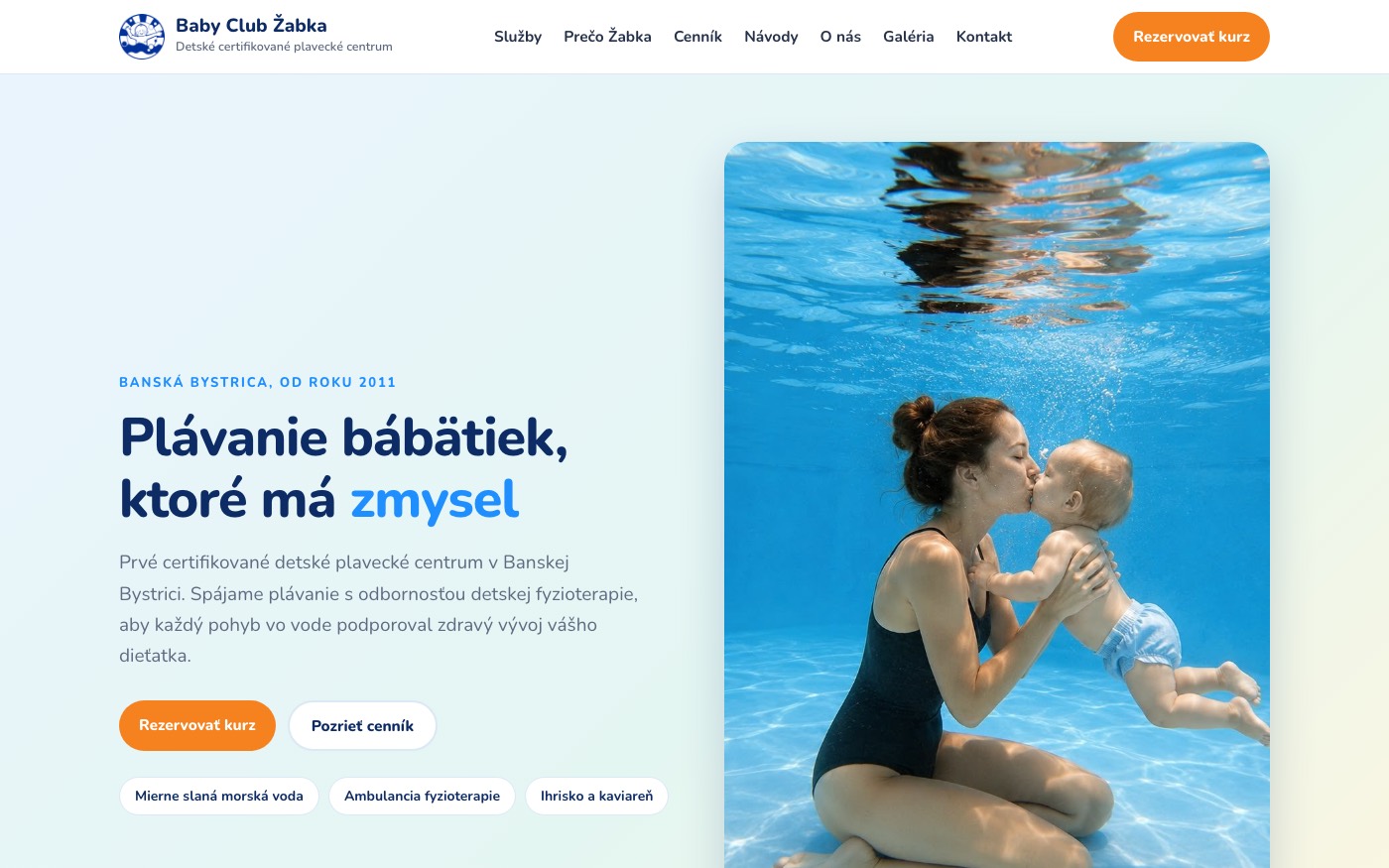 Ukážka webovej stránky Baby Club Žabka — detské plavecké centrum Banská Bystrica