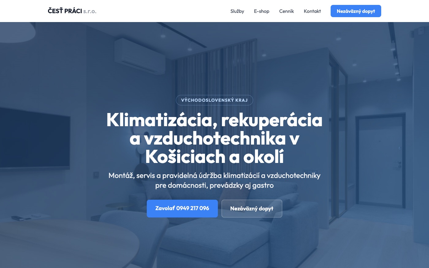Náhľad webovej stránky ČESŤ PRÁCI — klimatizácie a vzduchotechnika Košice
