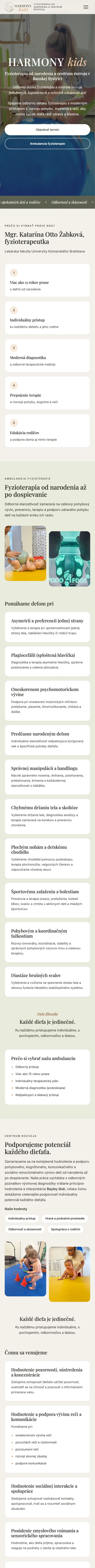 Web harmonykids.sk, úvodná stránka (mobil)