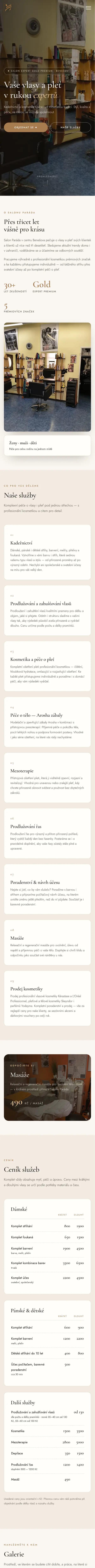 Web salonparada.com, úvodná stránka (mobil)