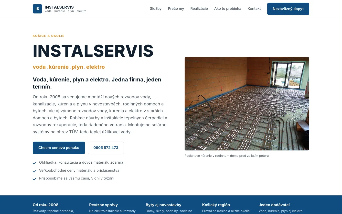 Web instalservis.sk, úvodná stránka