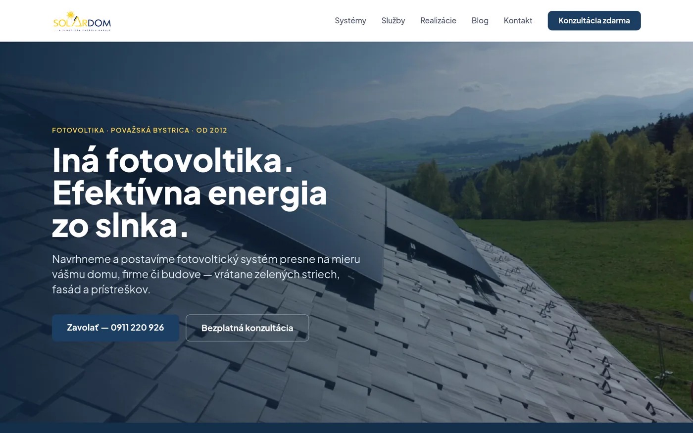 Web solardom.sk, úvodná stránka