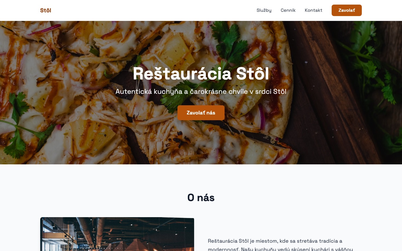 Náhľad návrhu webu pre reštauráciu, štýl Stôl