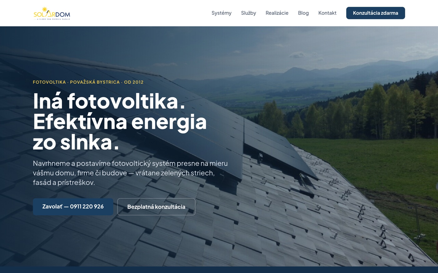 Ukážka webovej stránky Solardom — fotovoltika Považská Bystrica